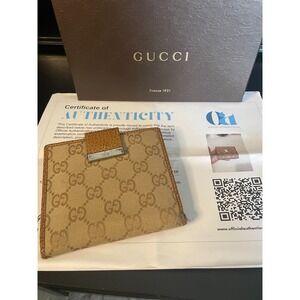 Authentic GUCCI Vintage Brown / Tan Canvas & Leather Bifold Wallet- COA INCLUDED